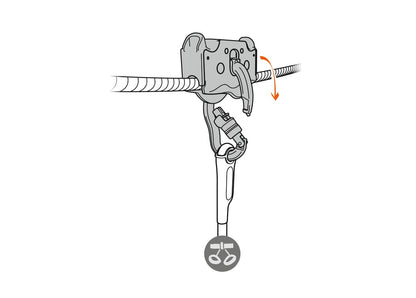 Because the system allows the carabiner to pivot, the Trac Guide LT remains in position on the cable when it makes contact with the end brake of the zipline.