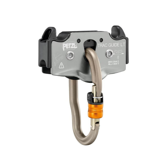 The Petzl Trac Guide LT trolley, with its distinct silver and silver color scheme, designed for smooth and secure movement along a zip line with an integrated vertigo carabiner.