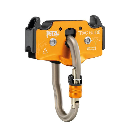 The Petzl Trac Guide trolley, with its distinct orange and silver color scheme, designed for smooth and secure movement along a zip line with an integrated vertigo carabiner.