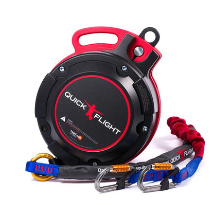 The QuickFlight Free Fall Device, with its compact and robust black and red reel, attached to a blue and red webbing lanyard with carabiners, designed for controlled descents in adventure sports.