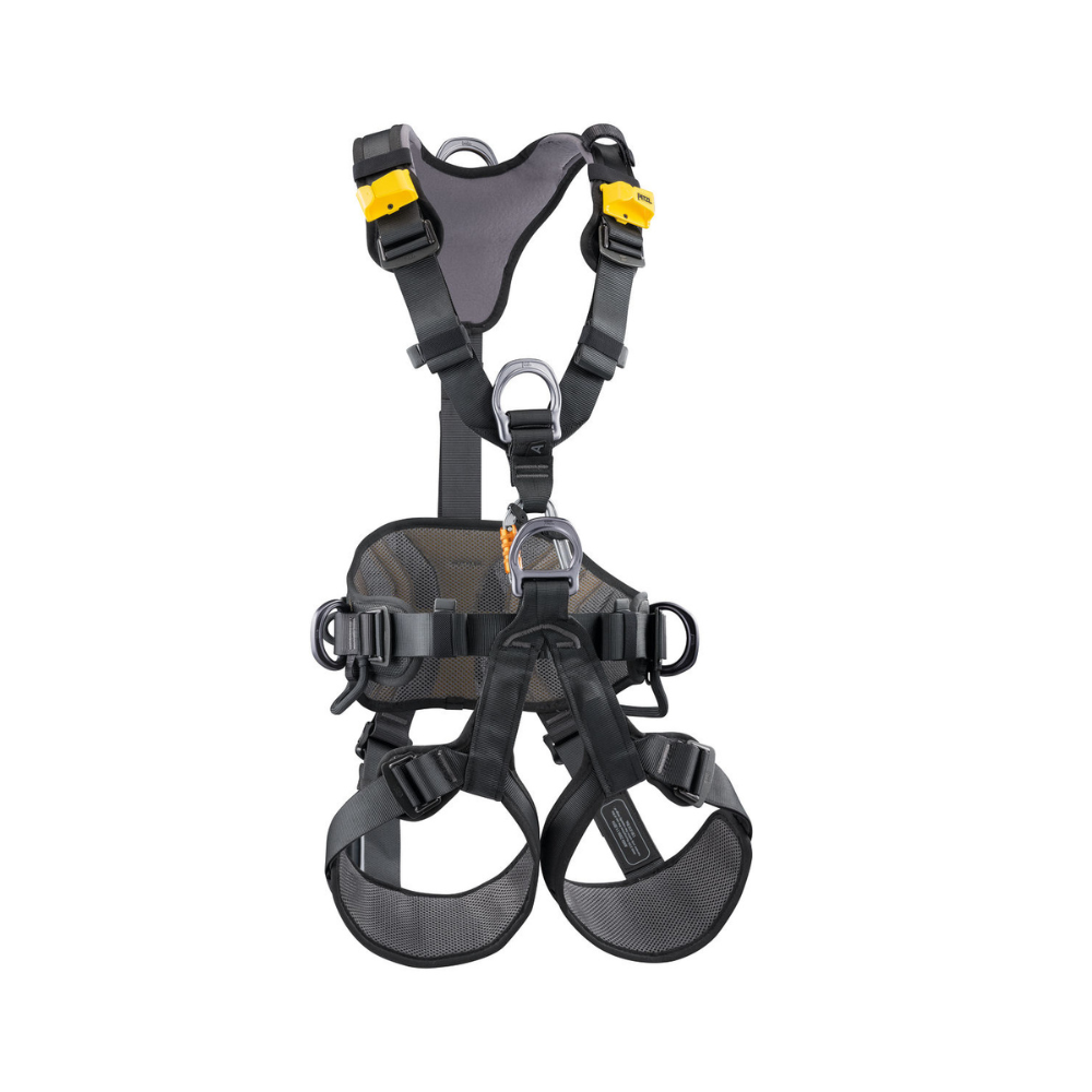 The Petzl AVAO BOD international version harness, featuring an ergonomic design in black with yellow accents, equipped with wide waistbelt and leg loops for reinforced comfort during prolonged suspension