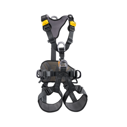 The Petzl AVAO BOD international version harness, featuring an ergonomic design in black with yellow accents, equipped with wide waistbelt and leg loops for reinforced comfort during prolonged suspension