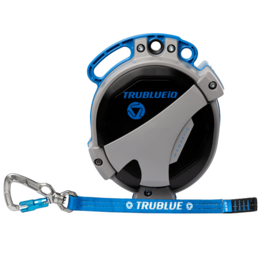 The TRUBLUE iQ Auto Belay device, featuring a modern gray and blue case with a bright blue webbing lanyard and a durable silver carabiner, offering reliable auto-belay functionality with smart technology for enhanced climbing safety