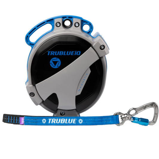 The TRUBLUE iQ XL Auto Belay device in gray and blue case, featuring an extended blue webbing lanyard, and a locking carabiner.